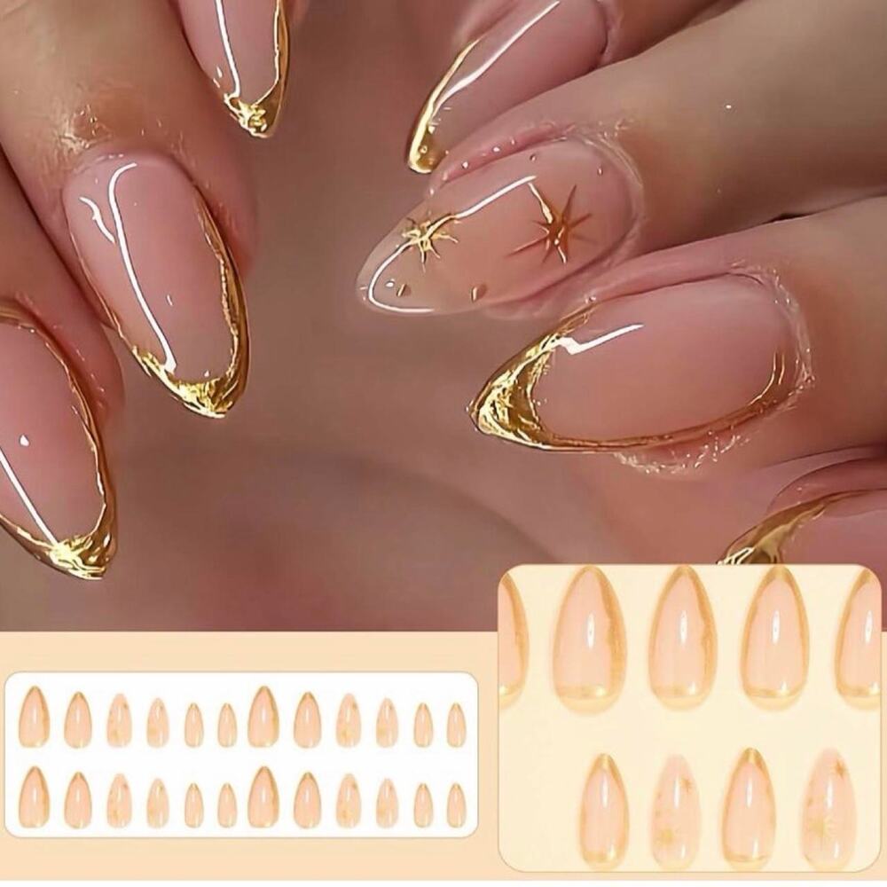 🚨 Press On Nails, 24 Pieces Gold French Tip Nails Almond Glossy Nude Manicure